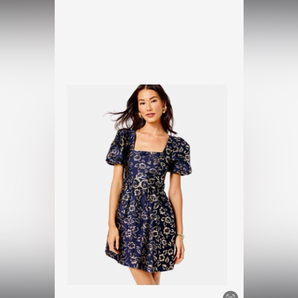 NWT Lilly Pulitzer Kasslyn Dress Size 6, Low Tide Navy Gold Puff Floral Brocade